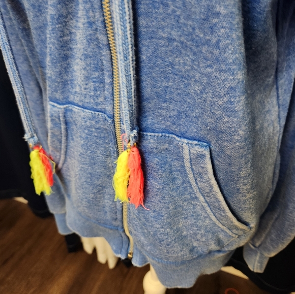 Blue zip up hoodie with hot pink and yellow tassels - Picture 5 of 6